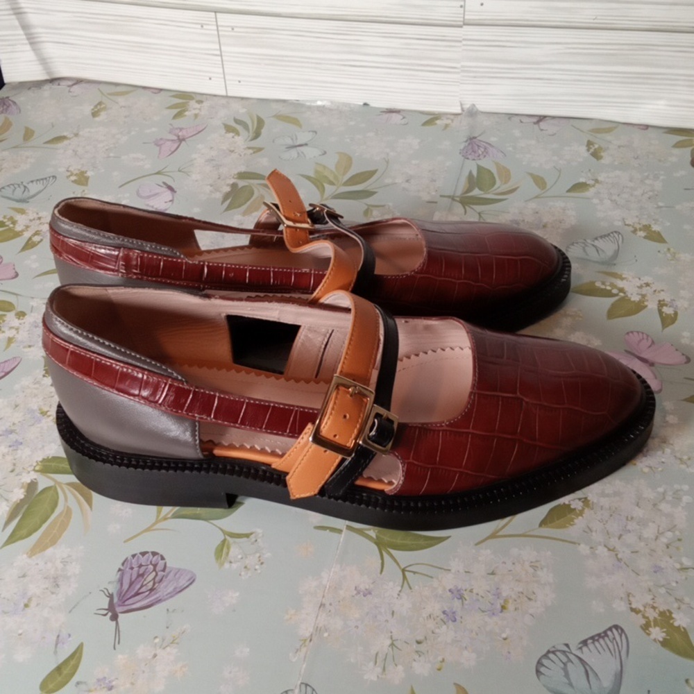 Inch"2 Mary Jane Double Strap Flats Brown Croc Embossed Leather Luxury Womens 40